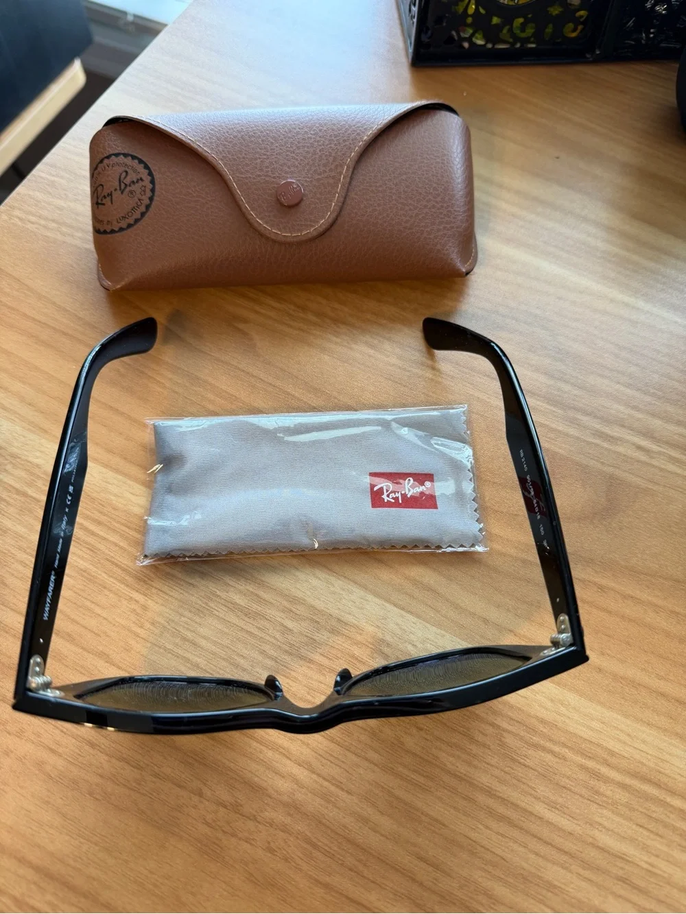 Ray-Ban Black Frame Green Lens Sunglasses with Brown Case